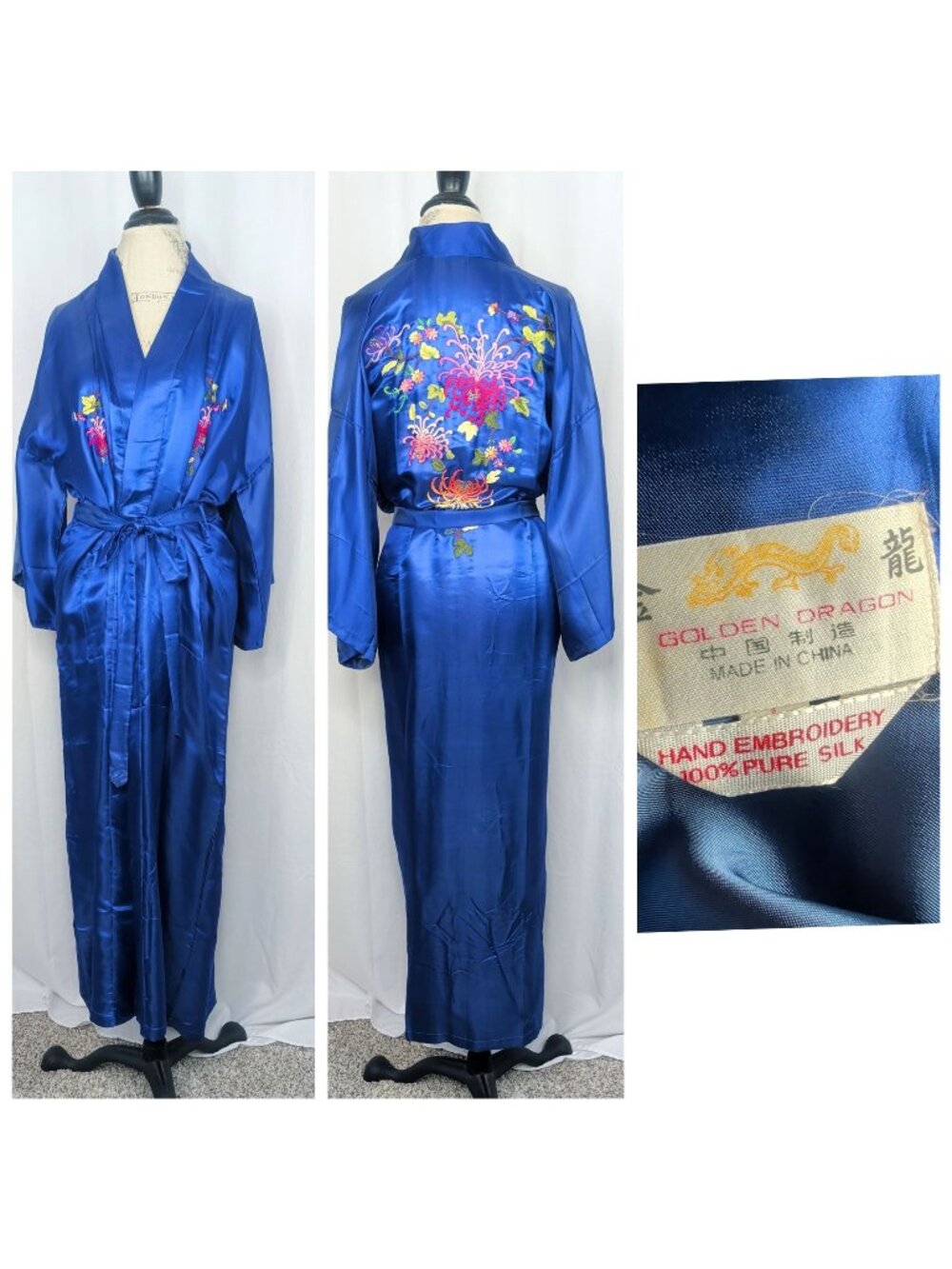 Vintage Blue Kimono Medium Floral Silk Embroidery Golden Dragon